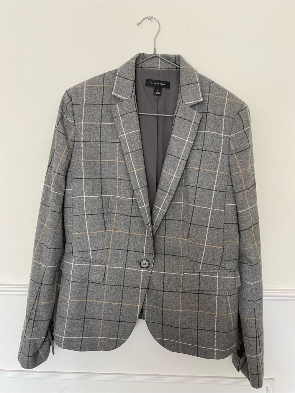 Ann Taylor Gray Windowpane Single-Button Blazer with Cream Accents